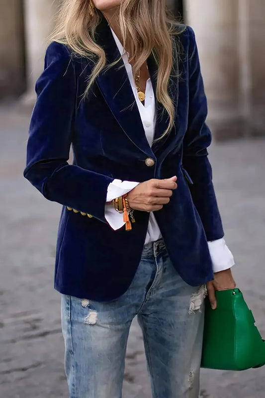 One Button Lapel Collar Long Sleeve Blazer Navy
