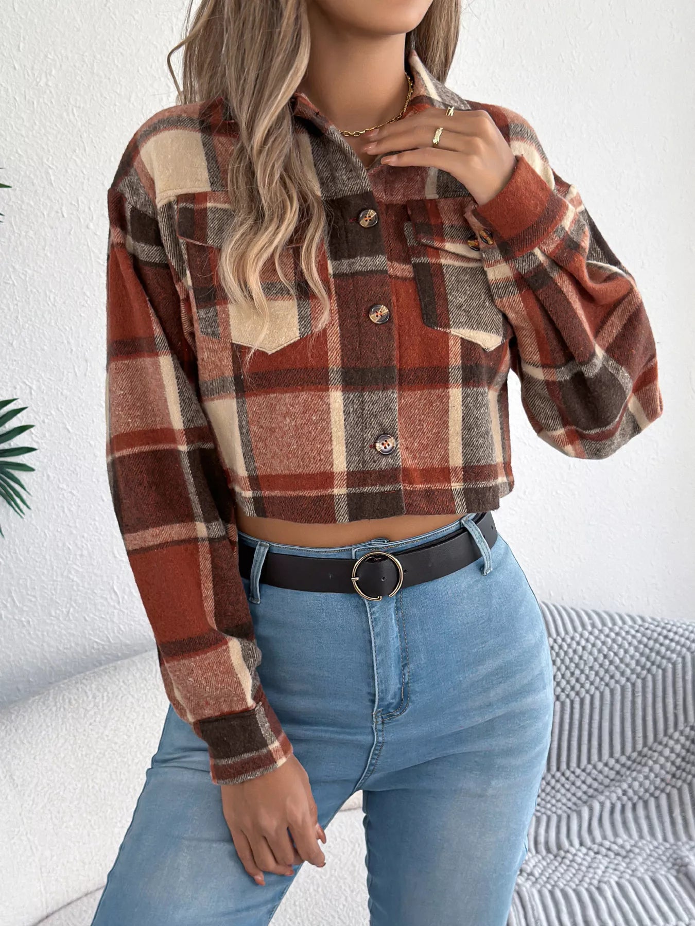 Plaid Button Up Cropped Jacket