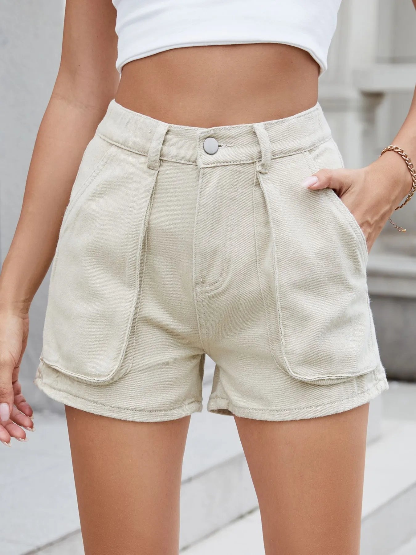 High Waist Utility Pocket Denim Shorts Khaki