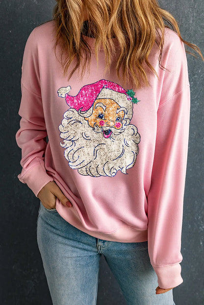 Santa Round Neck Long Sleeve Sweatshirt Blush Pink