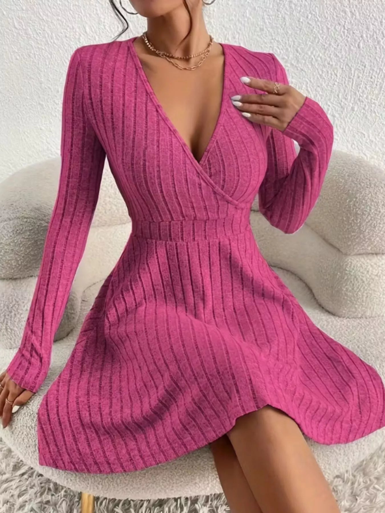 Ribbed Knit Wrap Mini Dress