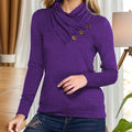Shiny Buttoned Mock Neck Long Sleeve Blouse Violet