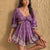 Tied Front Cutout Printed Romper Purple