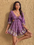 Tied Front Cutout Printed Romper Purple