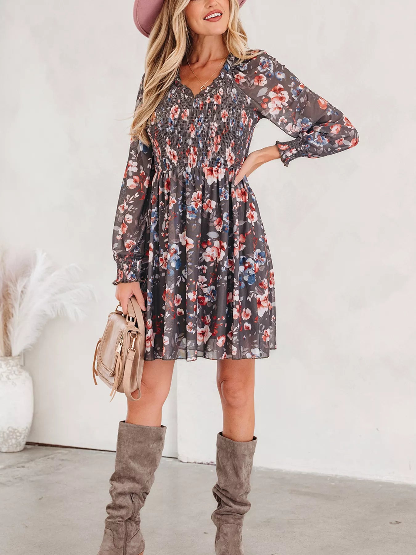 Frilly Smocked Bodice Floral Mesh Long Sleeve Mini Dress