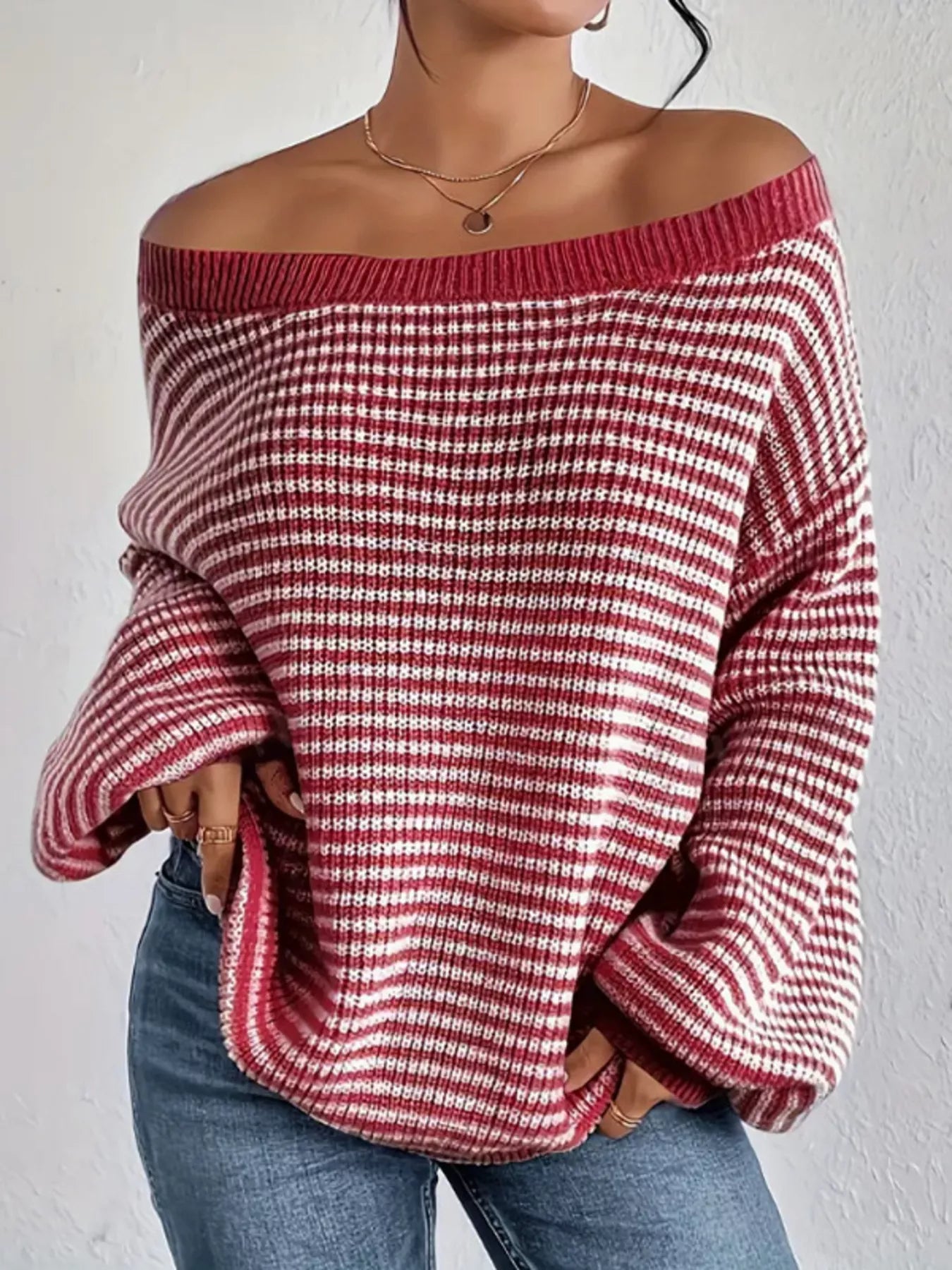 Striped Boat Neck Long Sleeve Sweater