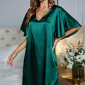 Satin Flutter Sleeve Side Slit V-Neck Night Dress Teal