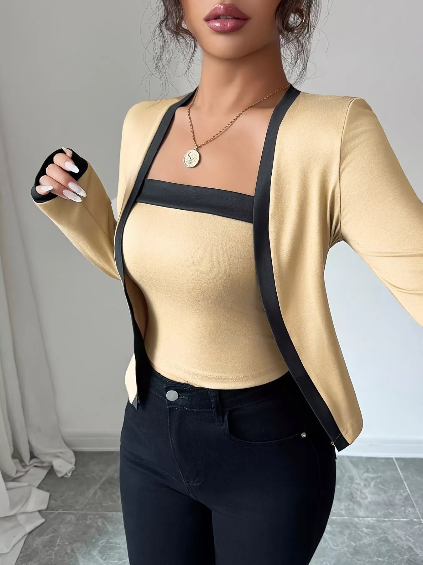Contrast Trim Long Sleeve Top Khaki