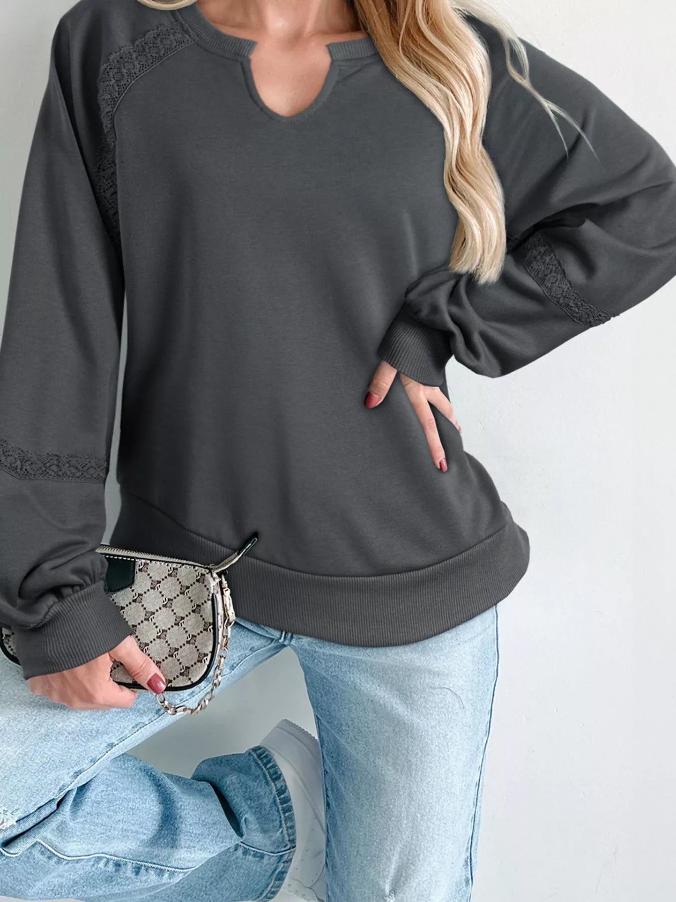 Lace Patchwork Detail Notched Mineral Wash Sweatshirt