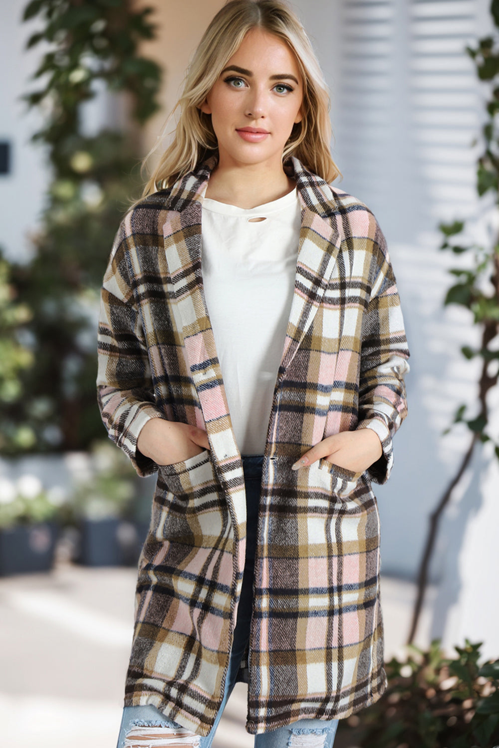 Plaid Longline Jacket with Pockets Plaid