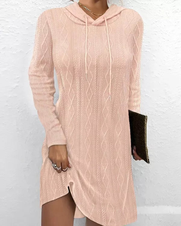 Casual Long Sleeve Hooded Knit Dress Watermelon pink