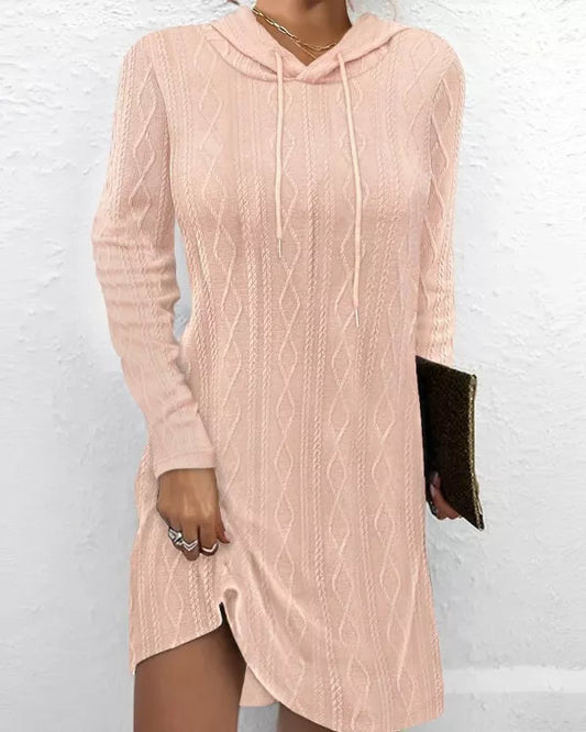 Casual Long Sleeve Hooded Knit Dress Watermelon pink