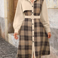Plaid Button Up Long Sleeve Shirt Dress Cream