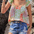 Lace Detail Printed Tie Neck Cap Sleeve Blouse Multicolor