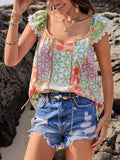 Lace Detail Printed Tie Neck Cap Sleeve Blouse Multicolor