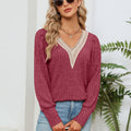 Lace Detail V-Neck Ribbed Blouse