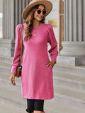 Ribbed Knit Puff Sleeve Casual Mini Dress Pink