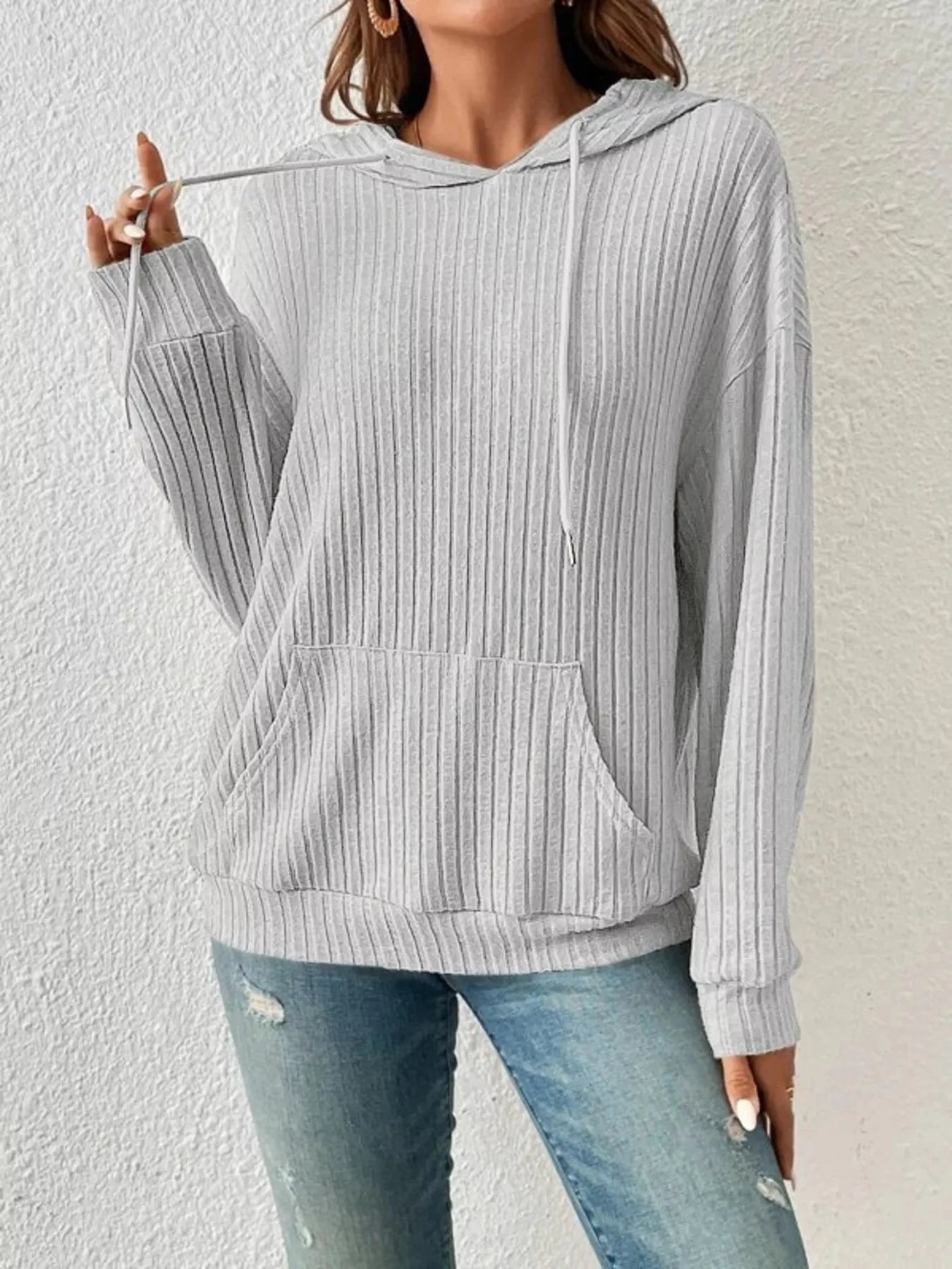 Ribbed Knit Long Sleeve Hoodie Grey