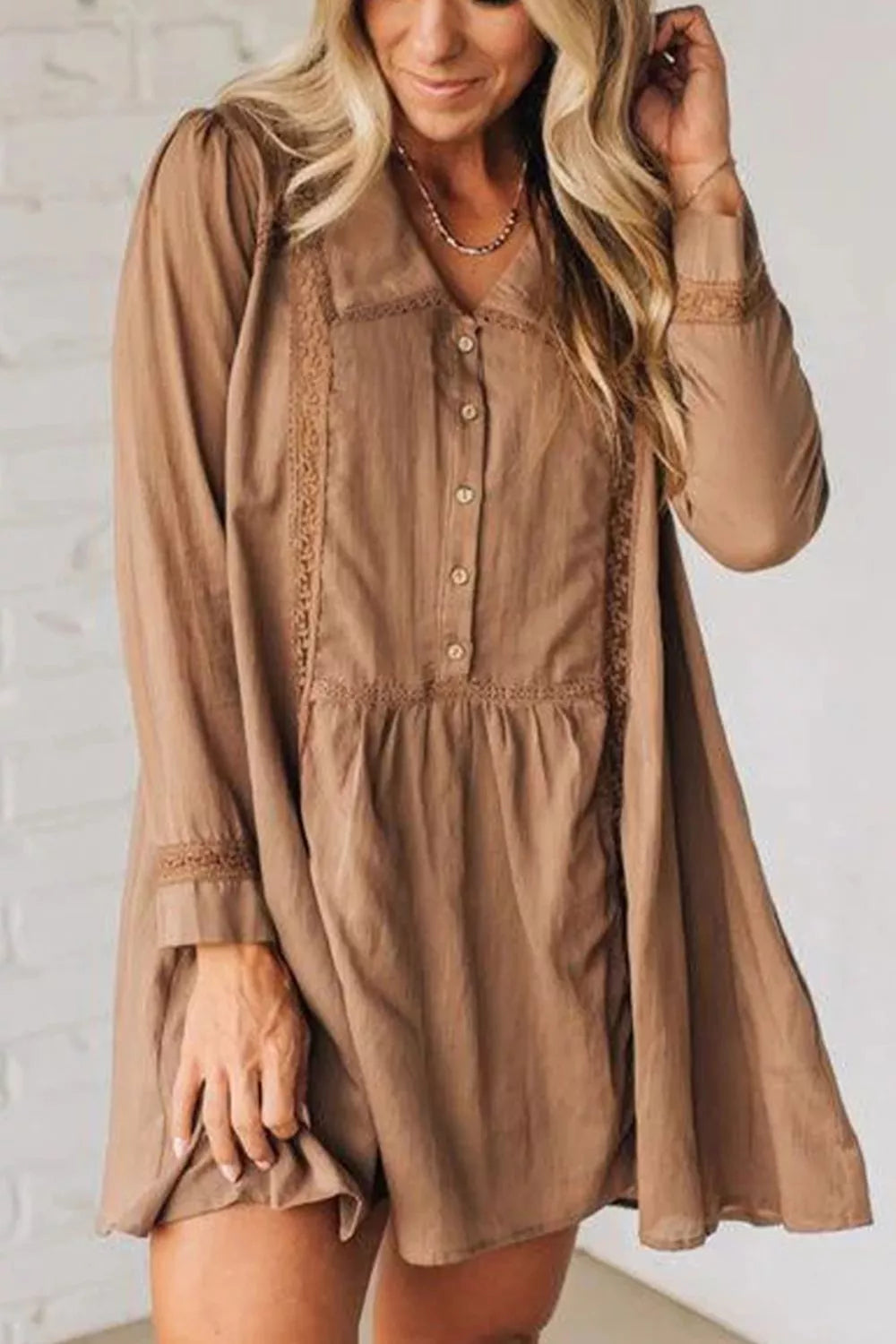 Lace Trim Button-Down Mini Dress