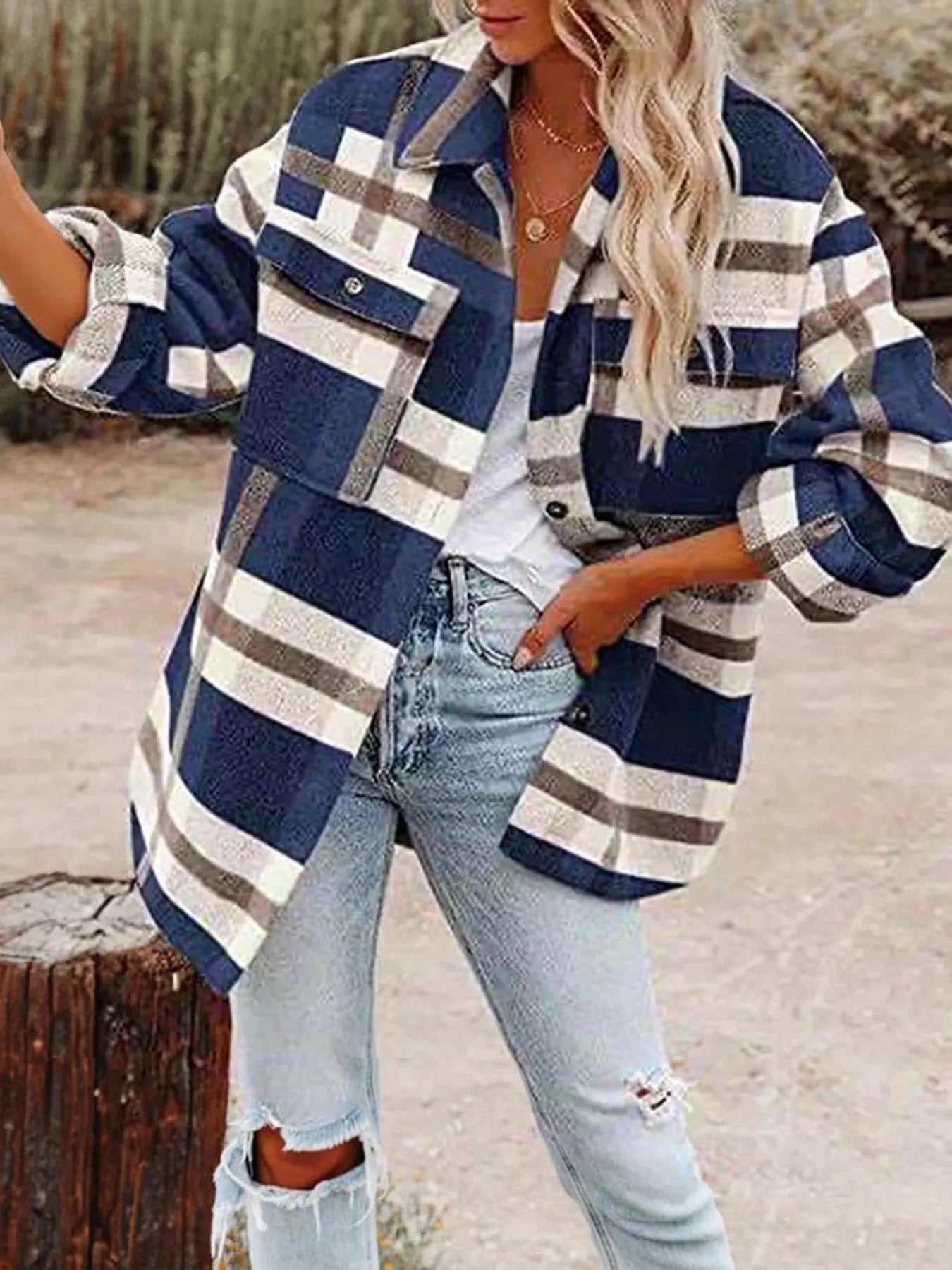 Plaid Button-Down Long Sleeve Jacket Navy Blue