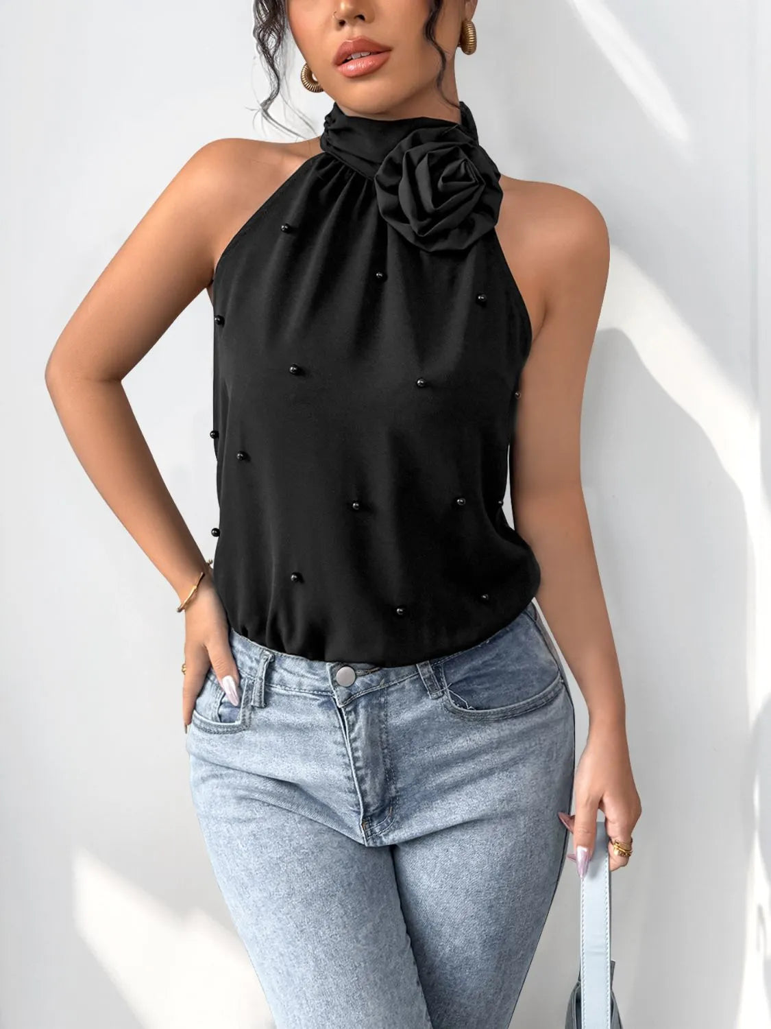 3D Flower Grecian Neck Bodysuit Black