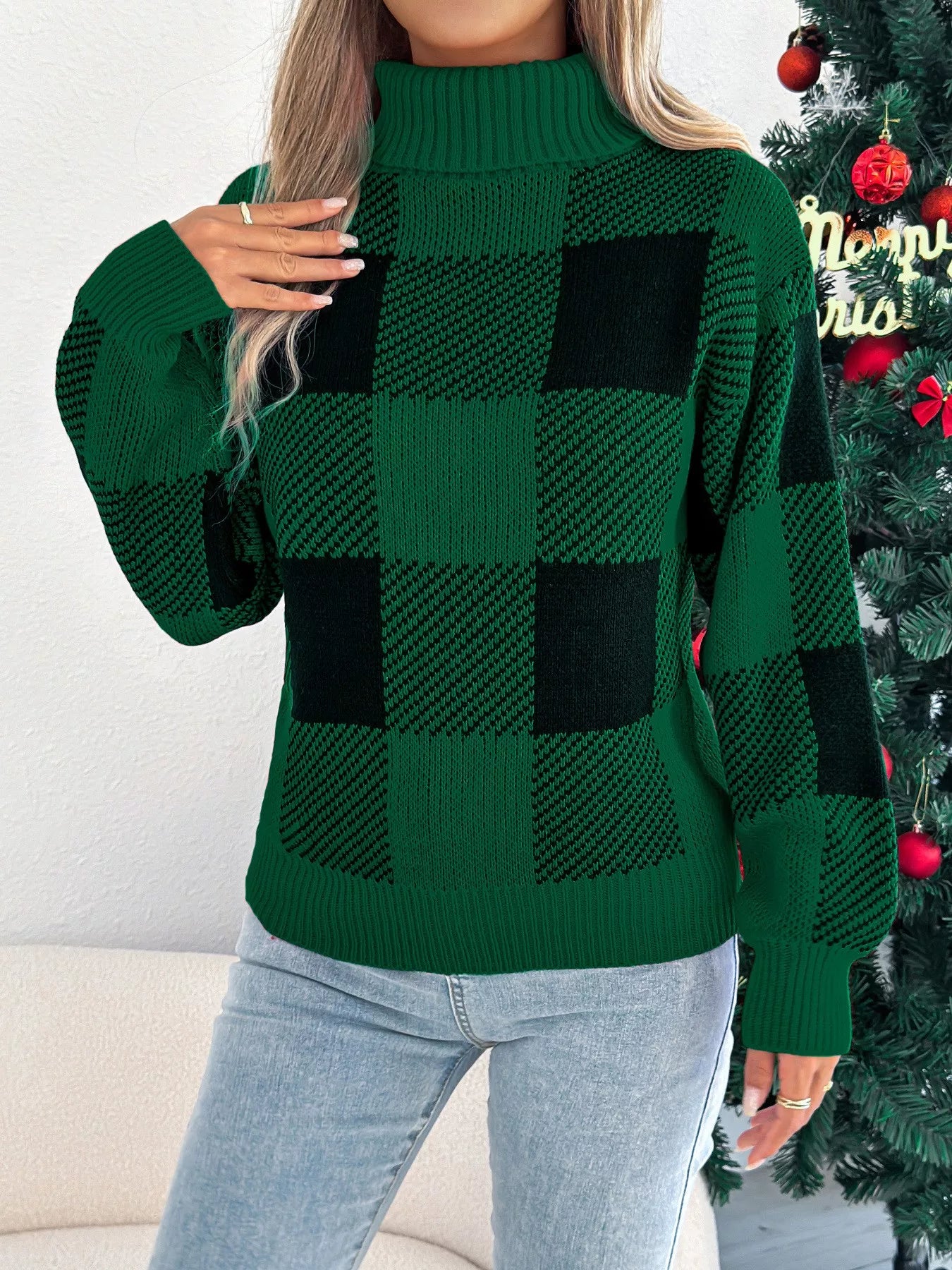 Christmas Plaid Long Sleeve Turtleneck Sweater