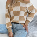 Cold Shoulder Checkered Long Sleeve Sweater