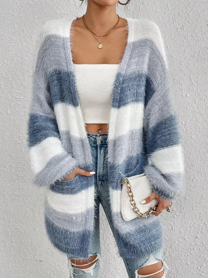 Striped Fuzzy Knit Open Front Cardigan Dusty Blue