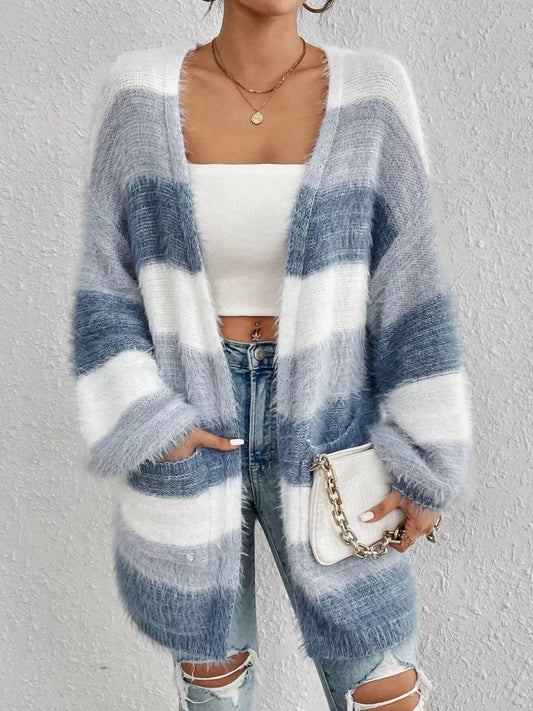 Striped Fuzzy Knit Open Front Cardigan Dusty Blue