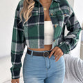 Plaid Button Up Cropped Jacket Green