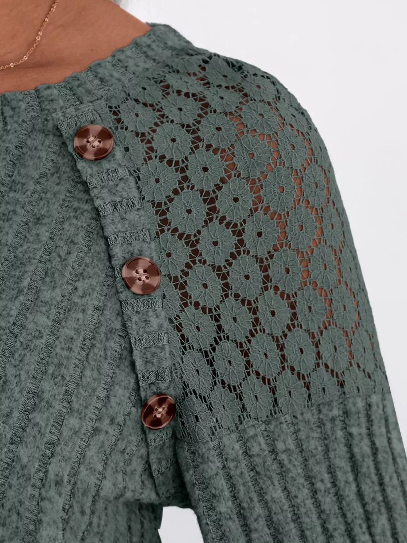 Ribbed Knit T-Shirt with Lace Shoulder Detail