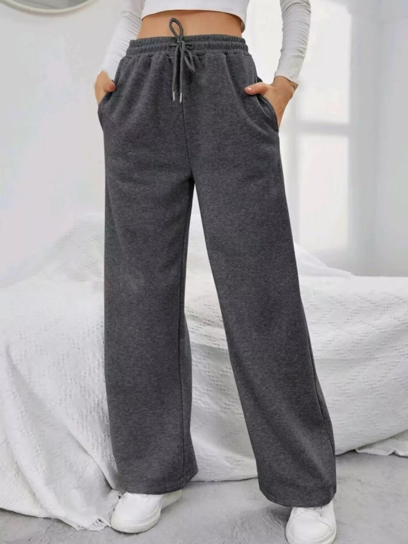 Relaxed Fit Drawstring Waist Solid Pants Dark Gray