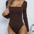 Square Neck Long Sleeve Bodysuit Coffee Brown