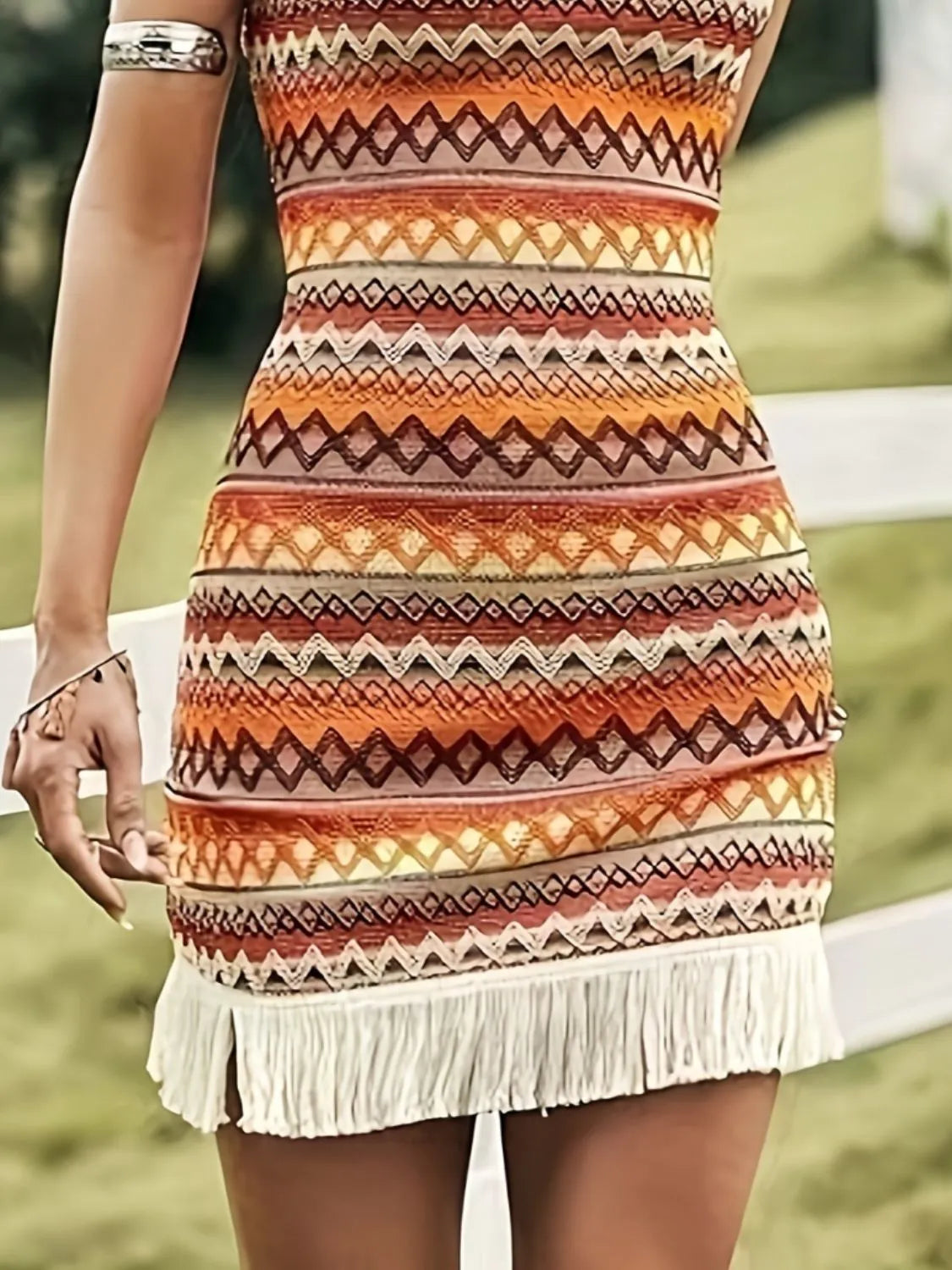 Fringe Grecian Neck Mini Dress