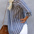 Striped Print V Neck Half Buttons Loose Blouse