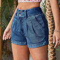 Pleated Detail High Rise Denim Shorts