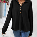 Half Button Collared Neck Long Sleeve Top Black