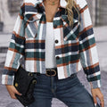 Plaid Oversized Button-Up Cropped Jacket Dark Green