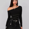 Studded One Shoulder Long Sleeve T-Shirt
