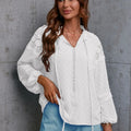 Crochet Tassel Tie Neck Long Sleeve Blouse White