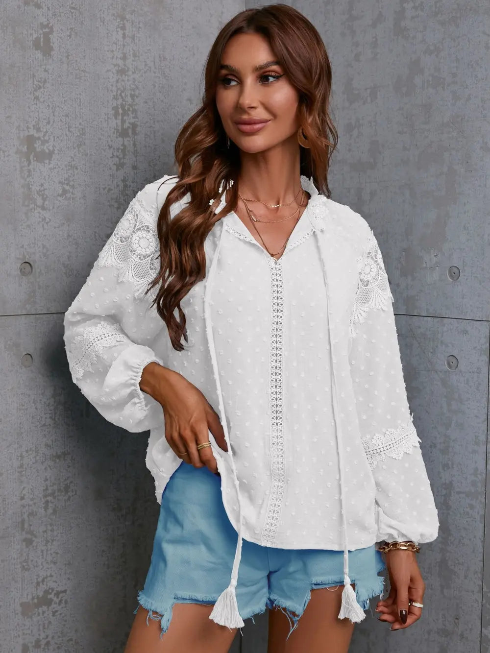 Crochet Tassel Tie Neck Long Sleeve Blouse White