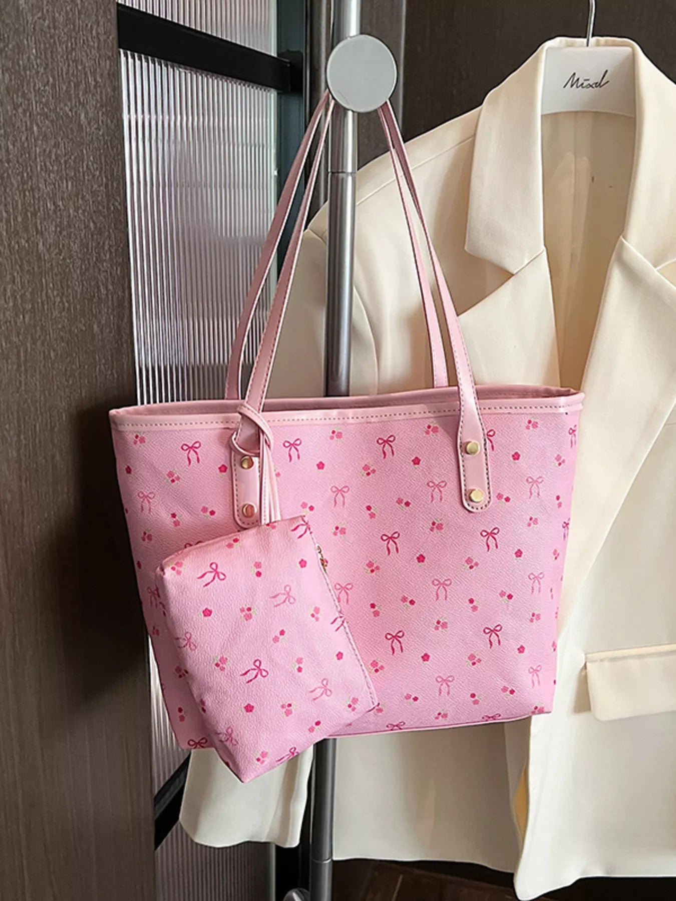 Printed Tote Shoulder Bag with Pouch