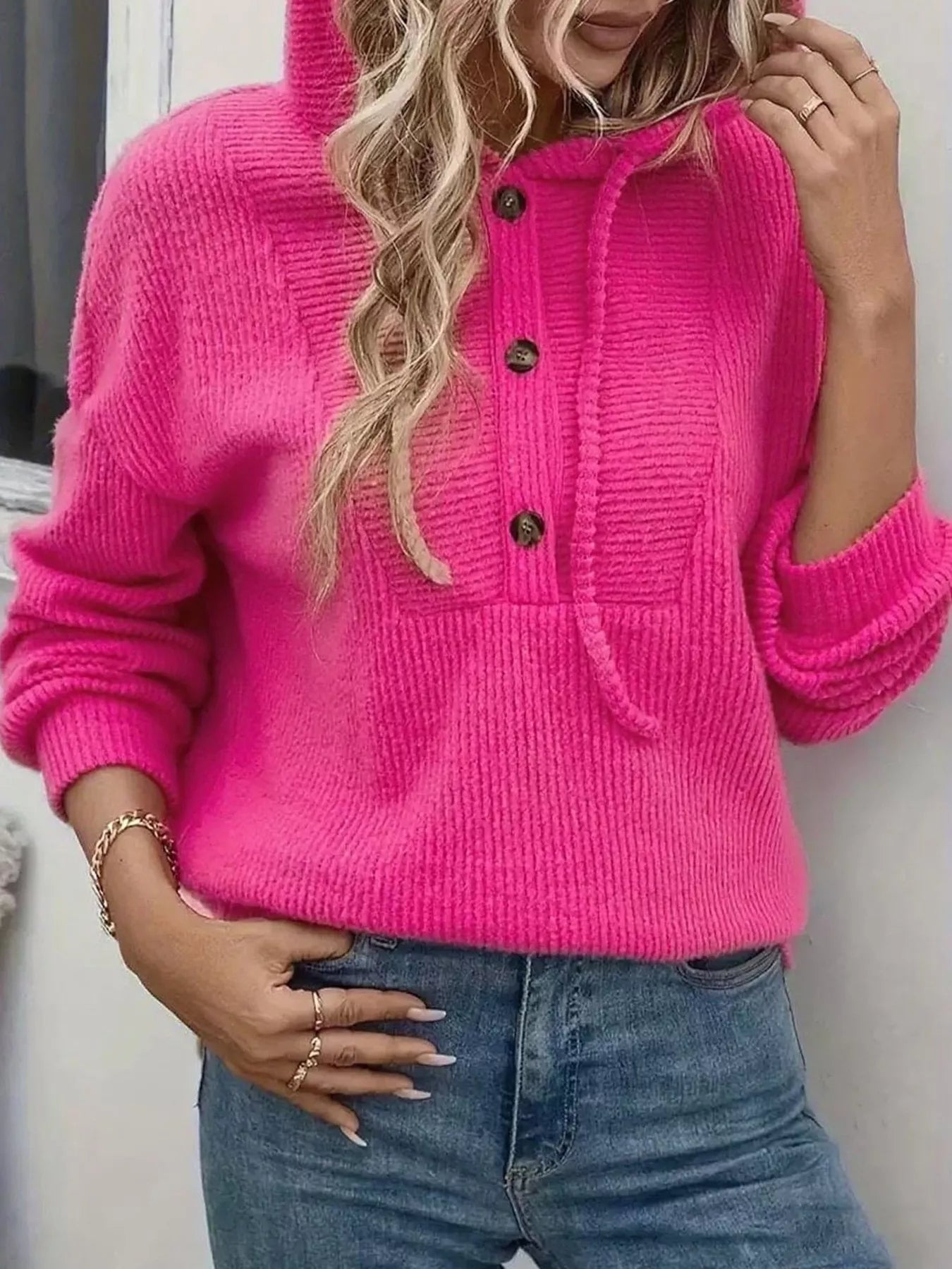 Button-Front Drawstring Hoodie