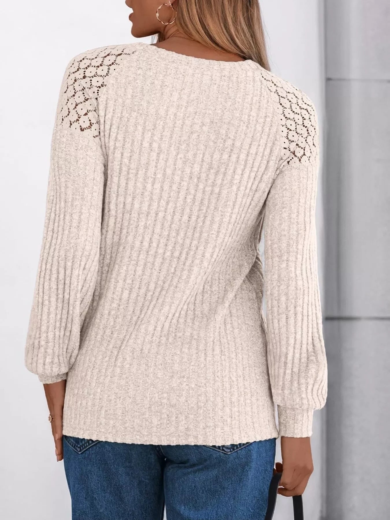 Ribbed Knit T-Shirt with Lace Shoulder Detail