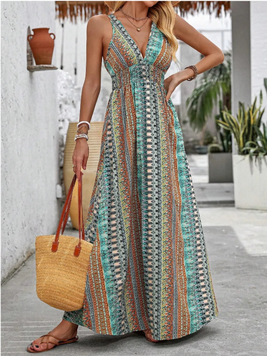 Tied Back Printed Sleeveless Maxi Slit Dress