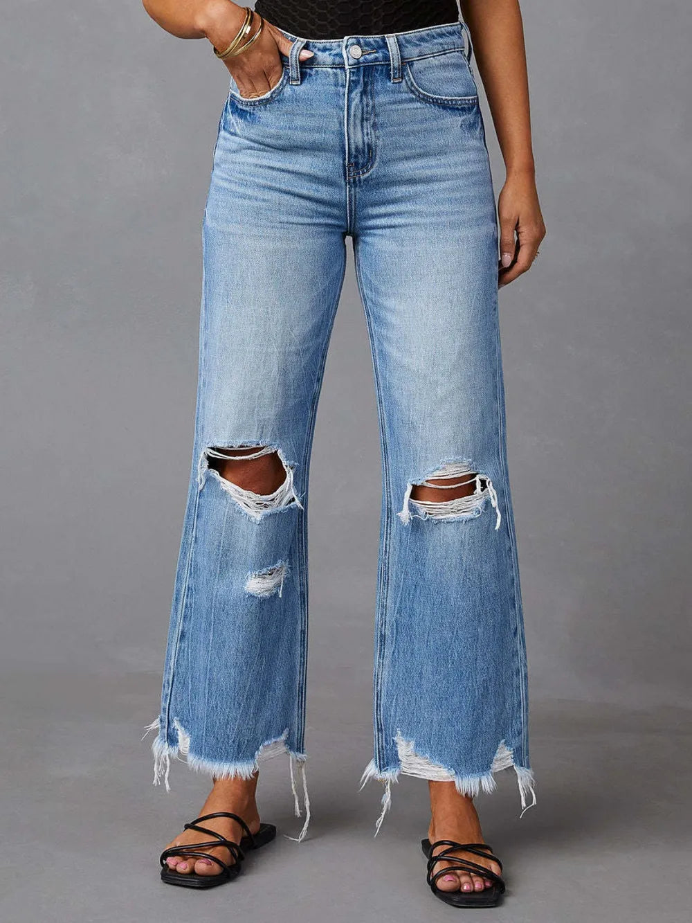 Distressed Raw Hem Jeans with Pockets Light Blue