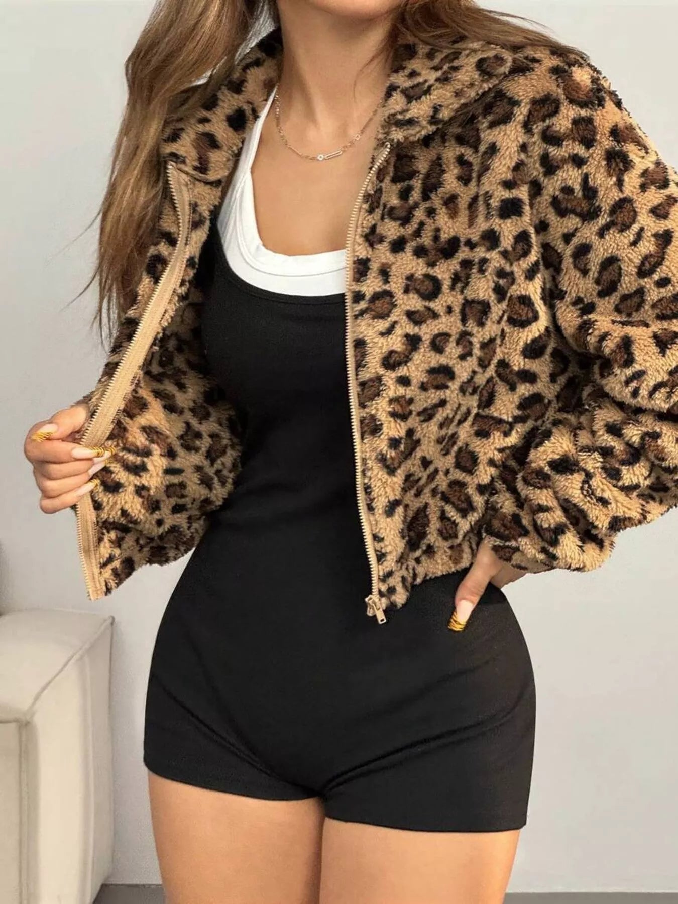 Leopard Print Fuzzy Cropped Jacket Leopard