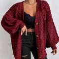 Chunky Knit Cable Knit Button-Up Cardigan Deep Red