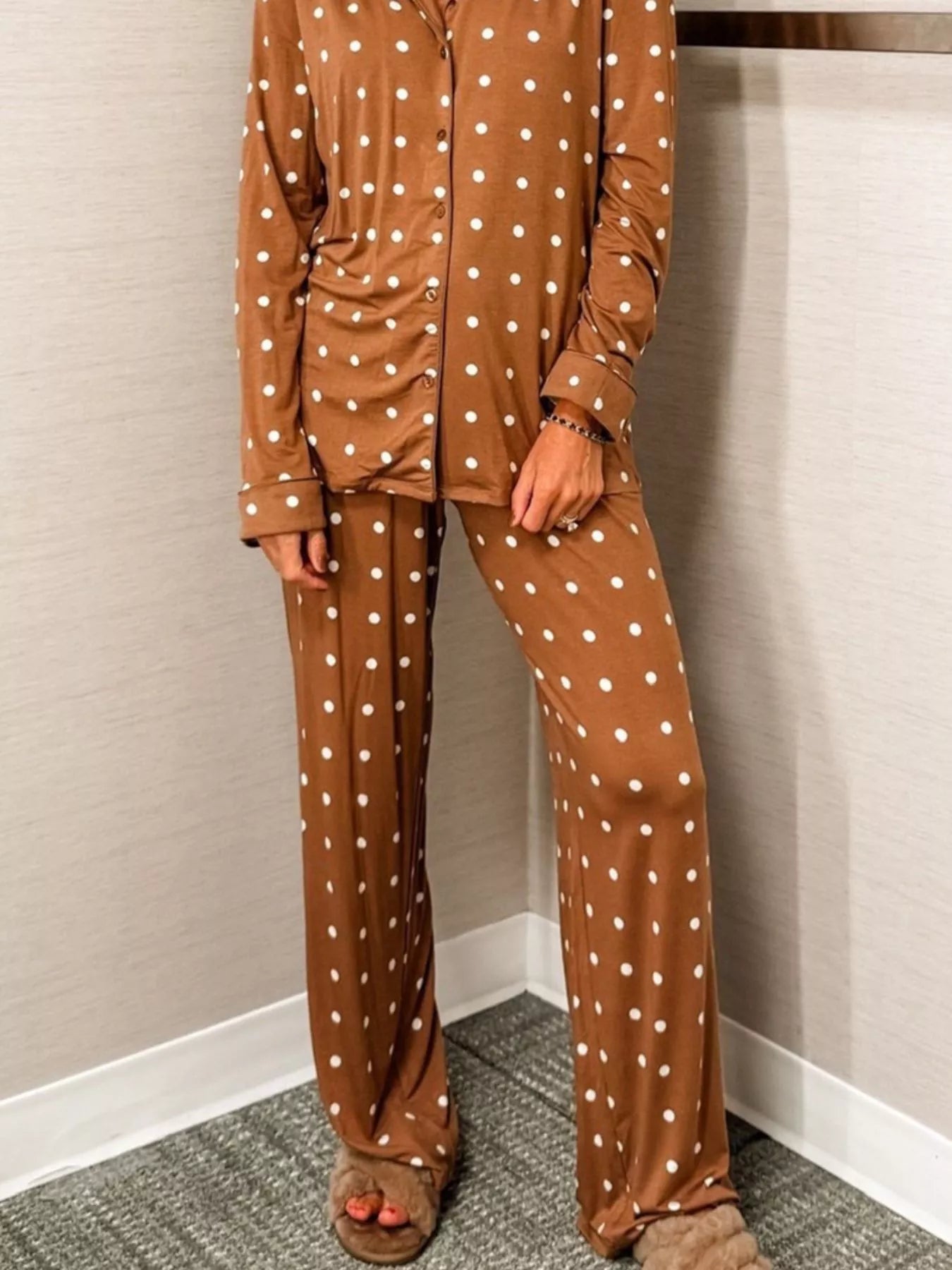 Polka Dot Button-Down Top and Pants Lounge Set