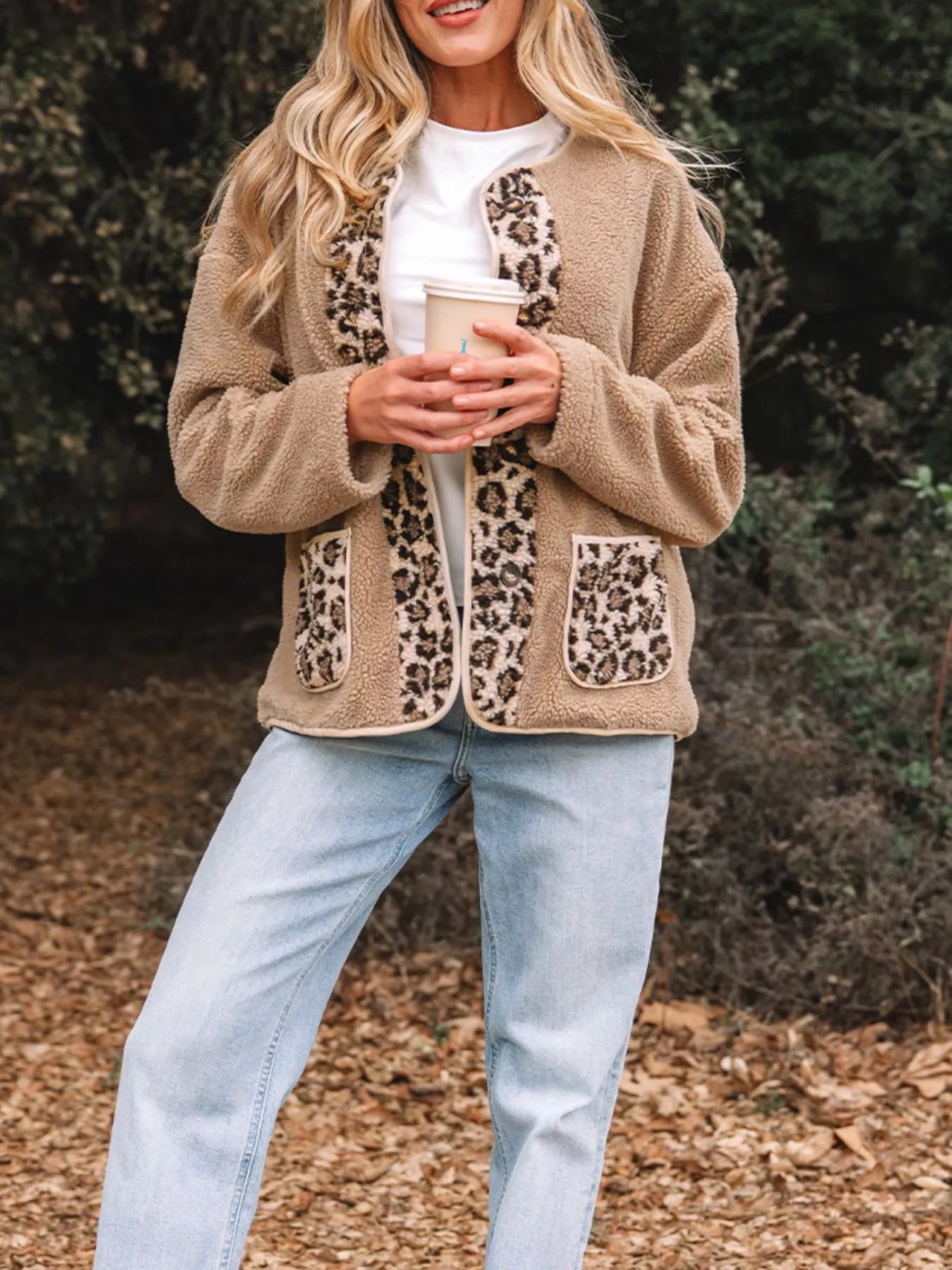 Casual Leopard Print Accent Plush Jacket with Pockets